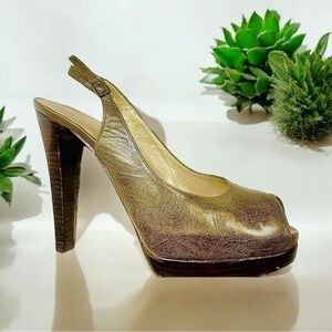 Stuart Weitzman Green Leather Peeptoe Slingback Shoes 6.5